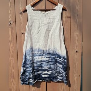 Beau Jours Linen Dip Dye Waves Mini Dress Long Top Sleeveless Women S Navy Ivory